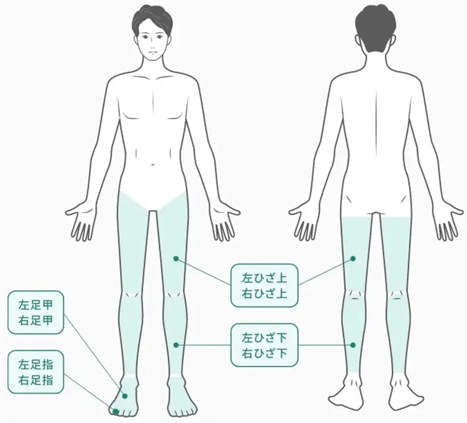 左ひざ上、右ひざ上、左ひざ下、右ひざ下、左足甲、右足甲、左足指、右足指